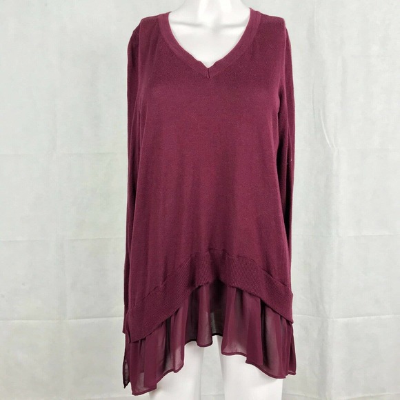 Torrid Sweater Women Sz 0 Large Maroon Chiffon Layered Asymmetric Pullover Shirt - Picture 1 of 12